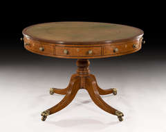 Regency Brown Oak & Ivory Leather Top Drum Table on Four Splayed Legs
