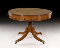 Antique Regency Brown Oak 
Ivory Leather Top Drum Table on Four Splayed Legs