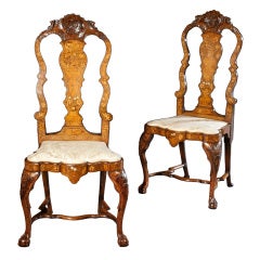 Pair of Dutch Ivory and Fruitwood Marquetry Inlaid Walnut Side Chairs
