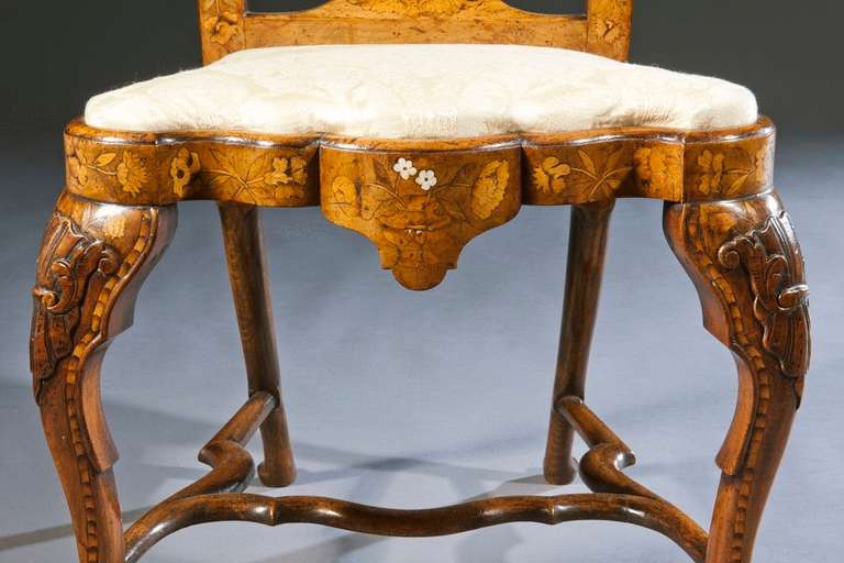 Pair of Dutch Ivory and Fruitwood Marquetry Inlaid Walnut Side Chairs In Excellent Condition In Bradford on Avon, GB