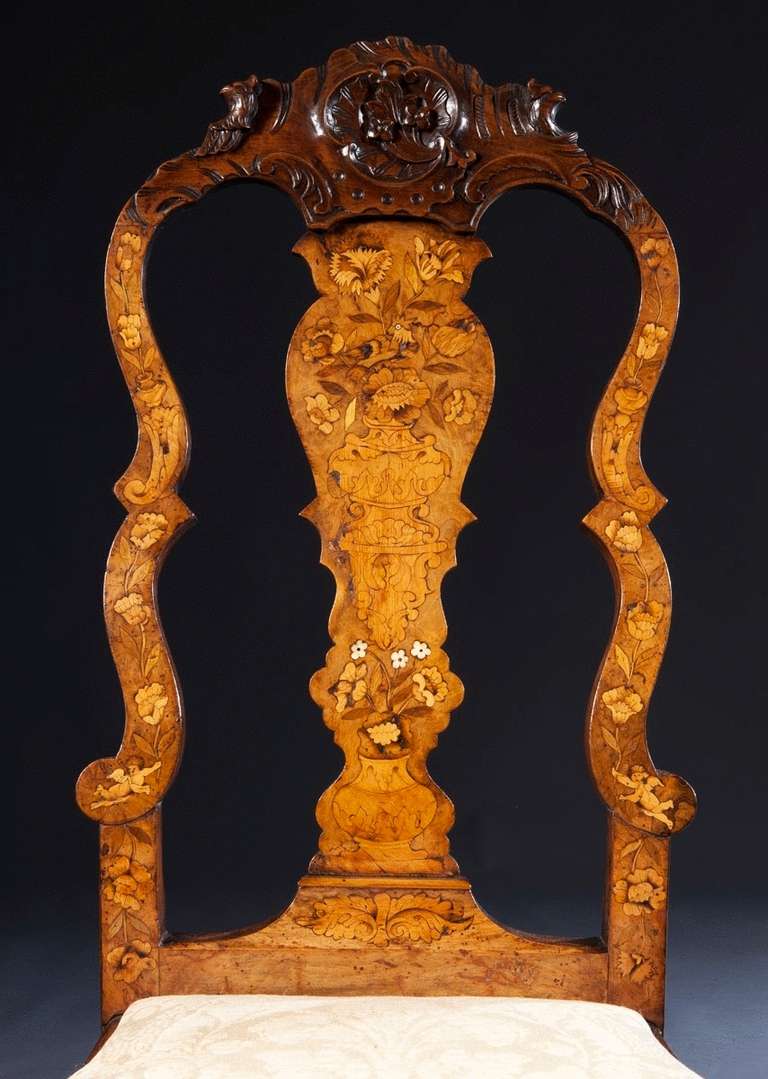 18th Century and Earlier Pair of Dutch Ivory and Fruitwood Marquetry Inlaid Walnut Side Chairs