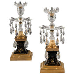 Pair of Ormolu and Blue Glass Base Lustres