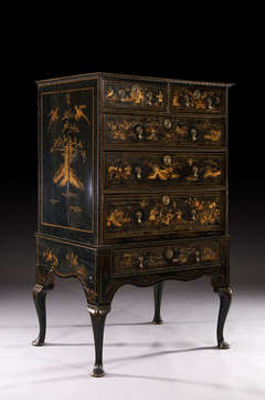 Queen Anne Black Lacquered Chinoiserie Japanned Chest on Stand