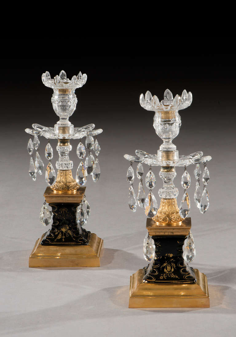 English Pair of Ormolu and Blue Glass Base Lustres