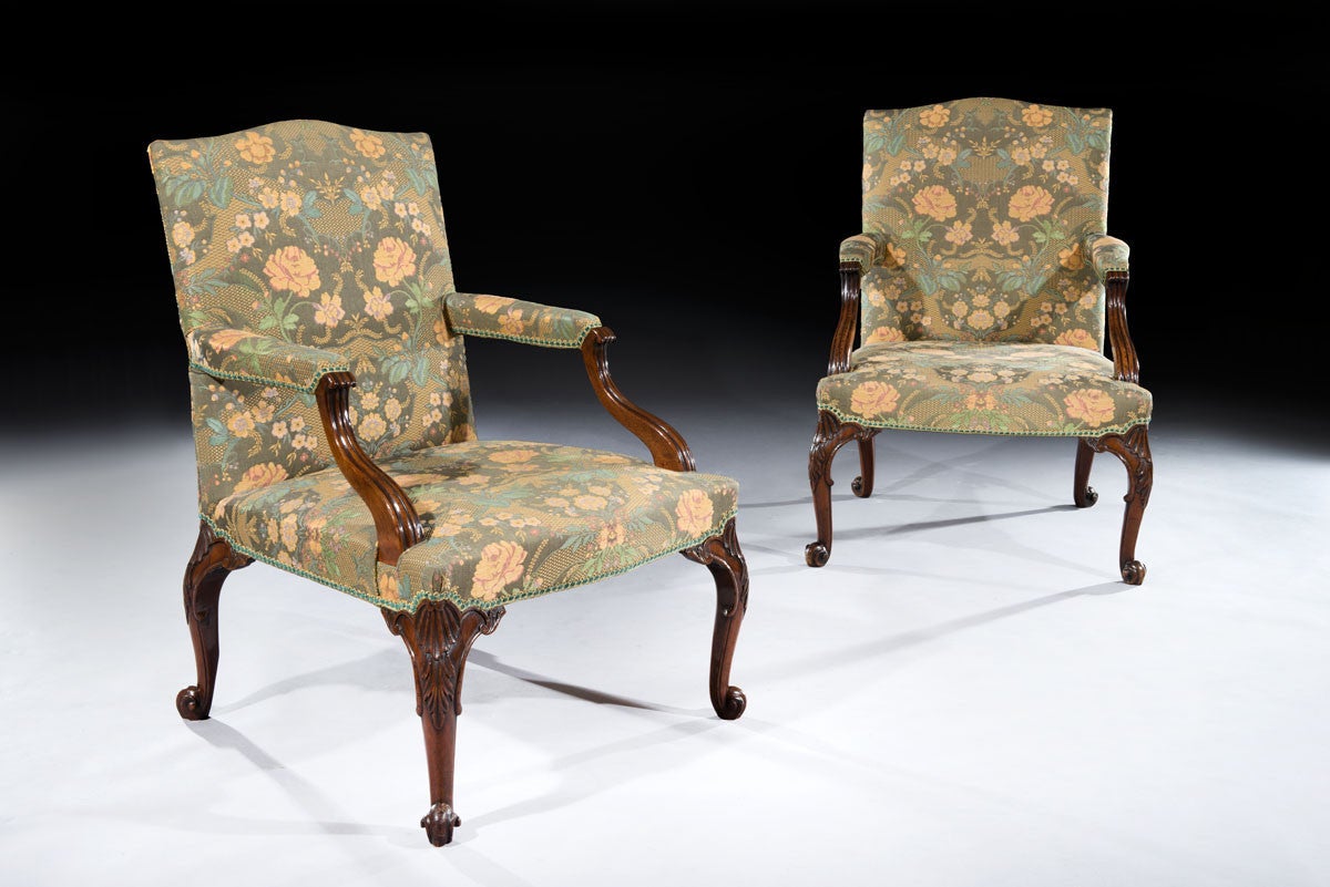 Exceptional Pair of George III Chippendale Period Mahogany Library Armchairs