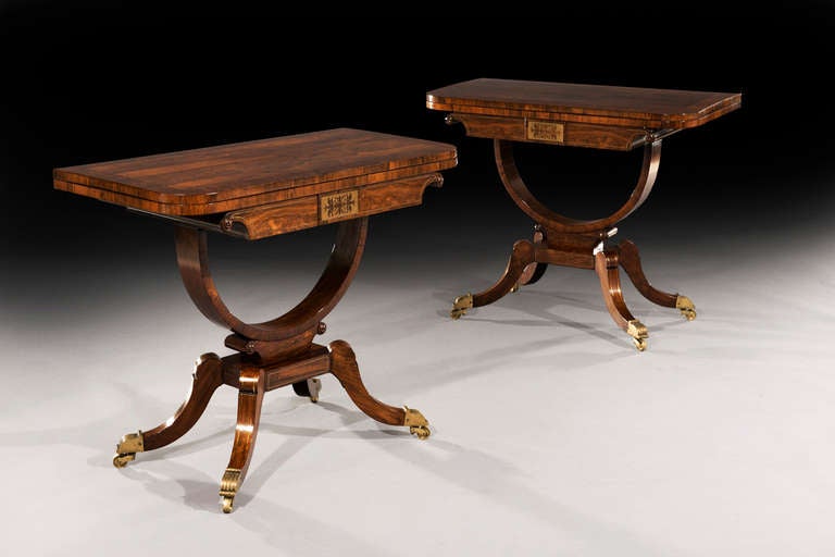Stunning Pair of Regency Rosewood and Brass Inlaid Card Tables