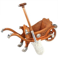 Antique Mahogany Presentation Wheelbarrow and Spade with Silver-Plated Mounts