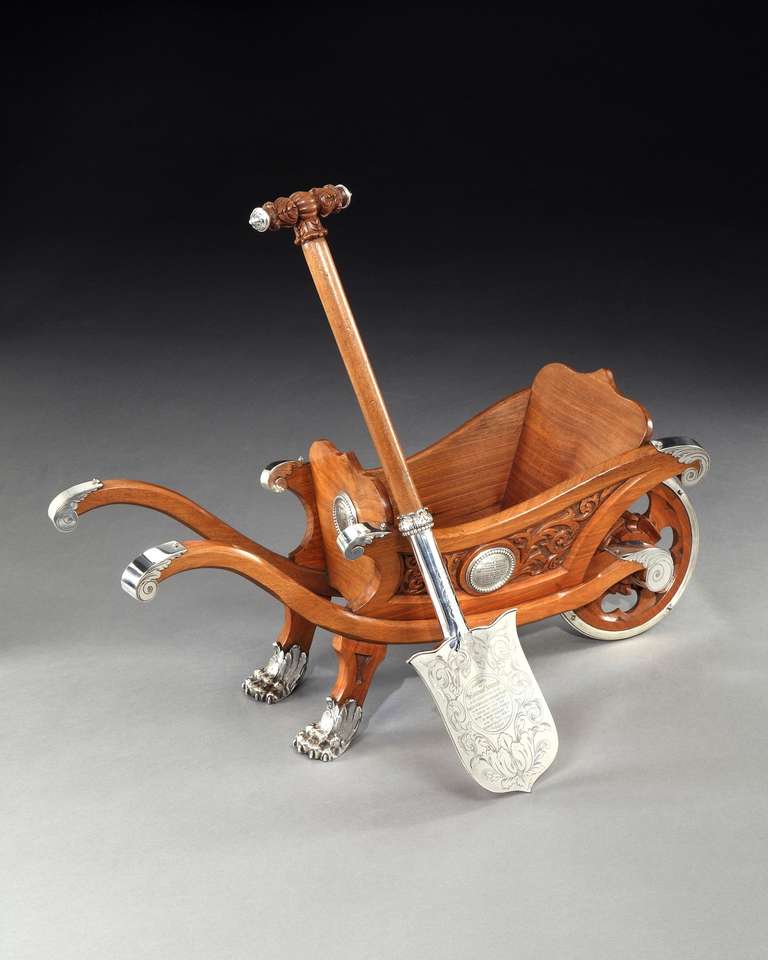 Mahogany Presentation Wheelbarrow and Spade with Silver-Plated Mounts