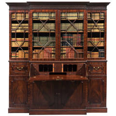 Antique Mahogany Four-Door Breakfront Secretaire Bookcase Attributed to William Hallett