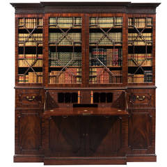 Rare George II Carved Mahogany Four-Door Breakfront Secretaire Bookcase