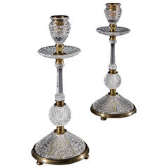 Pair of Mid-19th Century English Cut Glass and Ormolu Candlestick Lustres