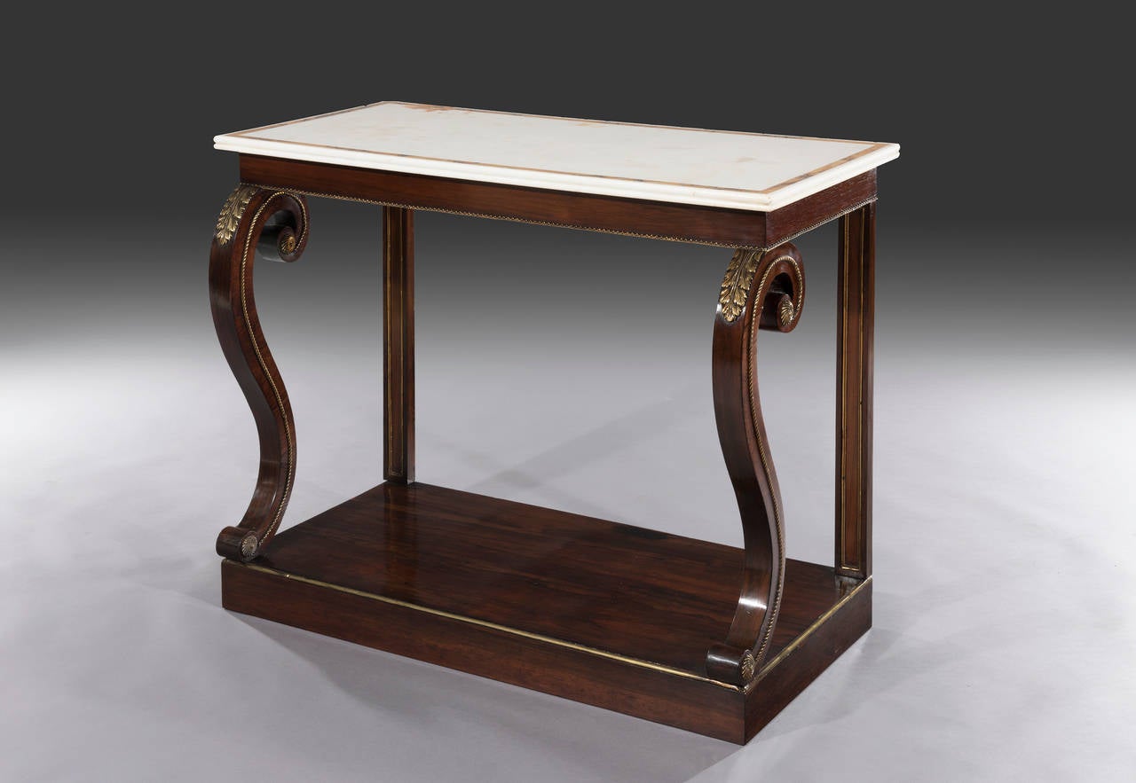 English Regency Rosewood and Brass-Mounted Marble-Top Console Table