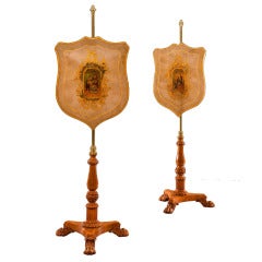 Rare Pair of George IV Late Regency Carved Satinwood Pole Screens