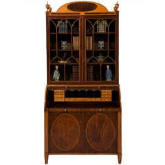 Antique Exceptional Sheraton Period Mahogany & Satinwood Inlaid Secretaire Bookcase