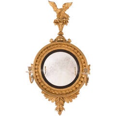 Antique Rare Regency Carved Giltwood Convex Girandole Mirror