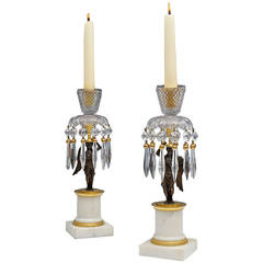 Pair of Regency Candlestick Lustres with Bronze Winged Angels and Marble Bases