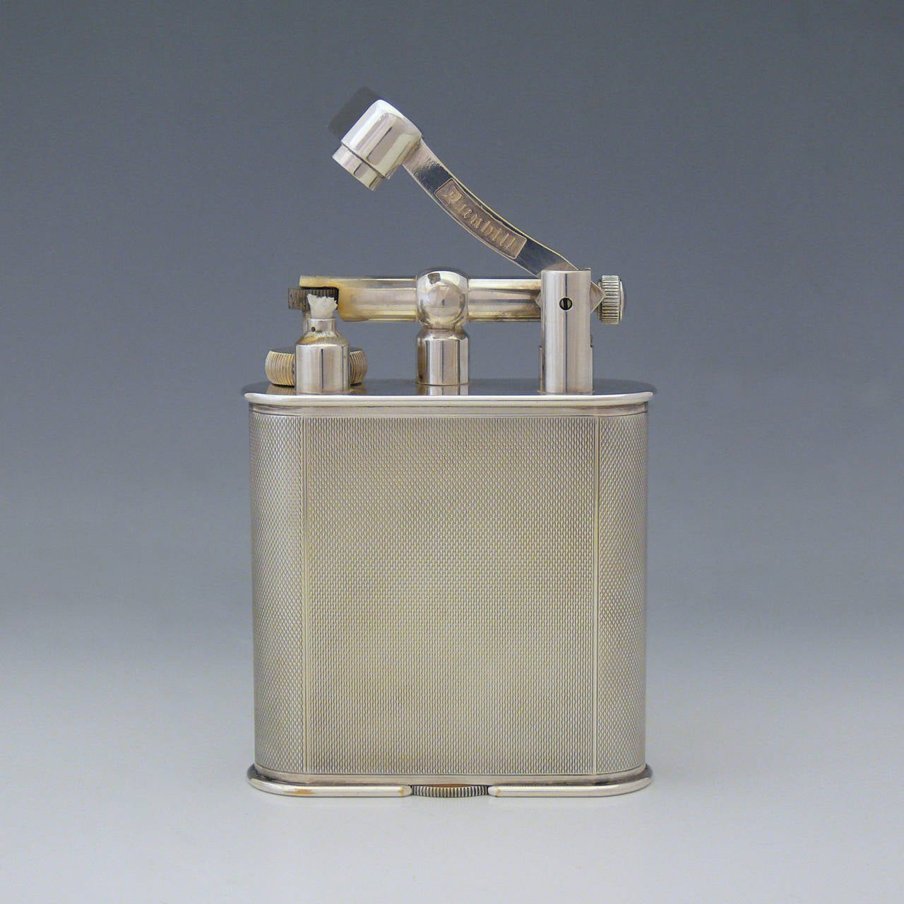 English Superb Engine Turned Silver Plated Dunhill Table Lighter, circa 1950