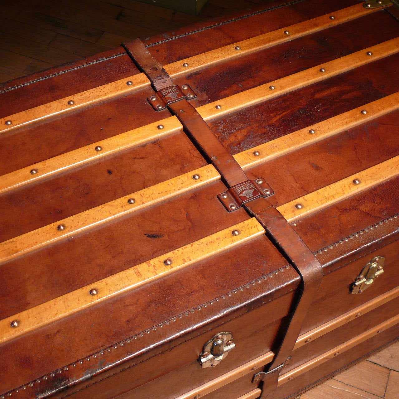 European Excellent Late 19th Century Leather Trunk by Hofmann with Brass Fittings