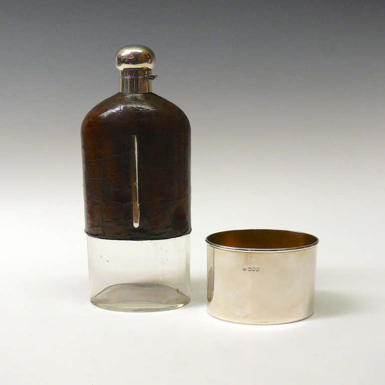 Very Large Crocodile Skin and Silver Glass Hip Flask For Sale at 1stdibs