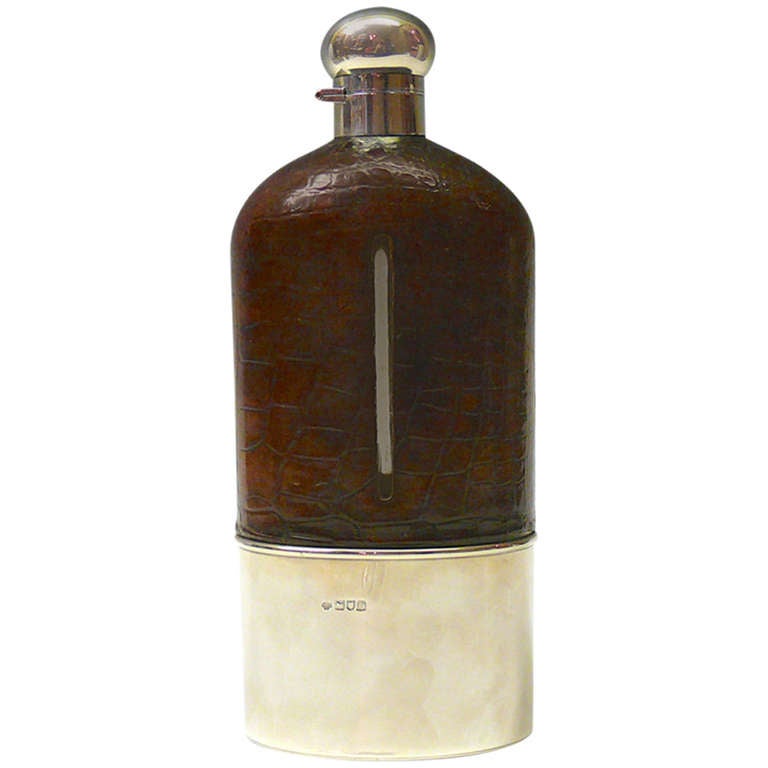 Very Large Crocodile Skin and Silver Glass Hip Flask For Sale at 1stdibs