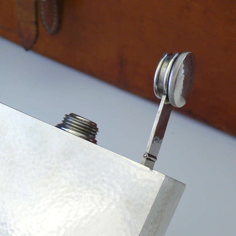 20th Century Amazing Leather Cased Set of Three Hammered Sterling Silver Flasks, circa 1925