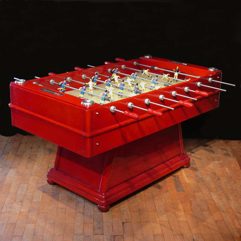 A fantastic original stained solid beech wood framed Spanish Football Table Circa 1980 from a bar or café. Comes complete with painted alloy players in Real Madrid and Barcelona colours, an abacus-type scoring system and set of footballs. Two of the