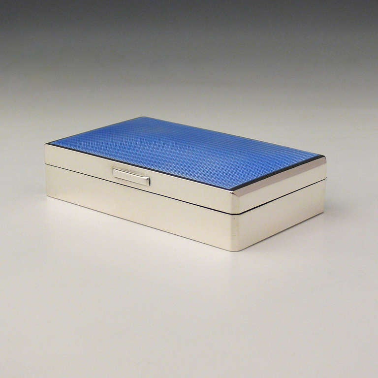 Spectacular Blue Enamel Topped Silver Cigarette Box. Hallmarked Birmingham 1936.