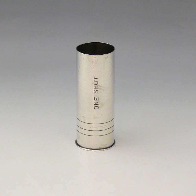 A wonderful sterling silver spirits measure in the form of a cartridge shell, amusingly engraved 'one shot.'

Dimensions: 7.5 cm (height).

Member of LAPADA.