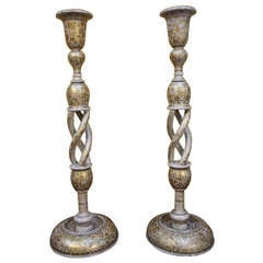 Pair of Large Antique Kashmir Candlesticks