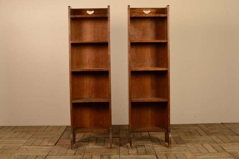 English Pair of Liberty's Antique Oak Slender Bookcases.