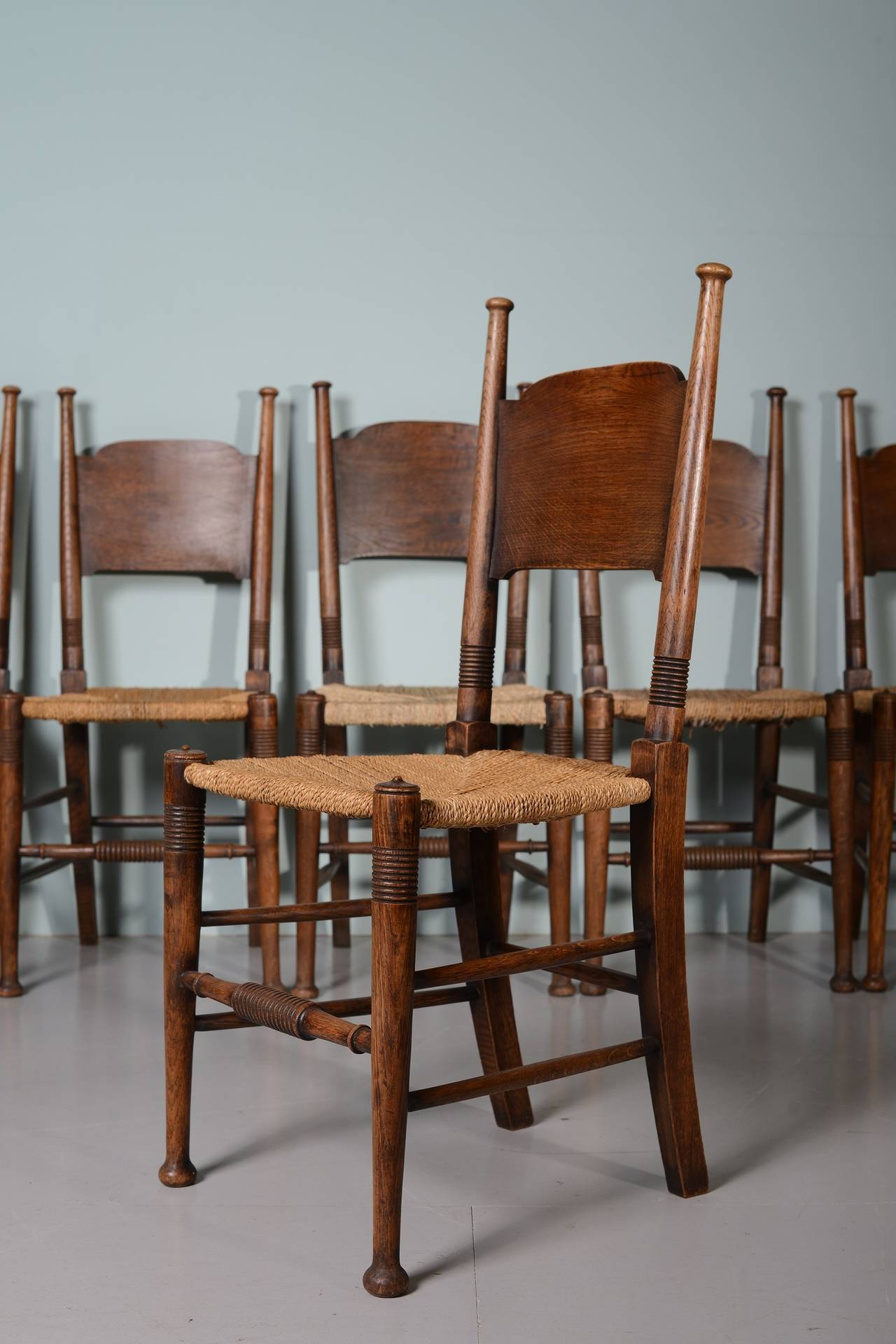 Oak Set of Six Antique Dining Chairs by William Birch For Sale