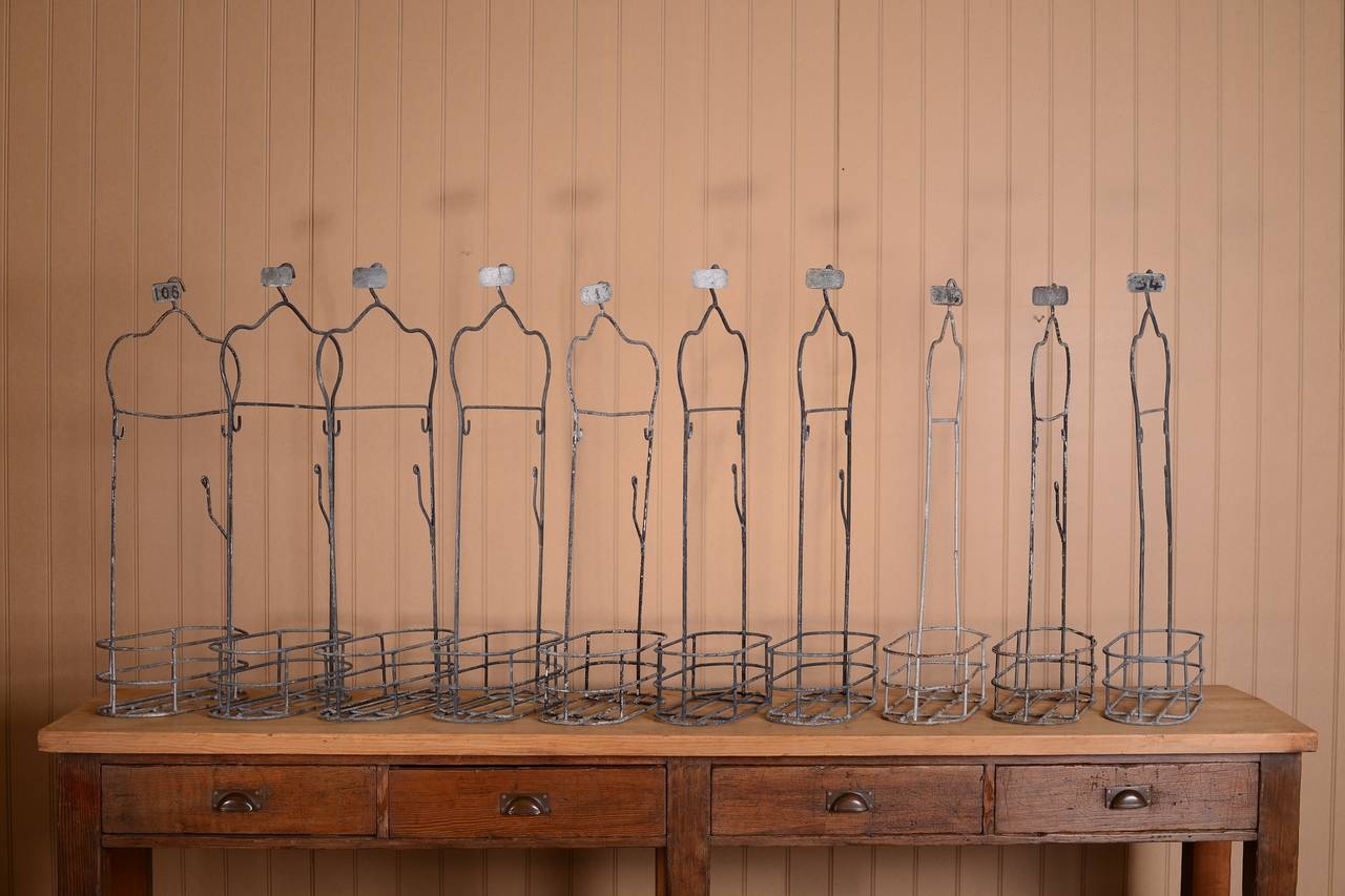 11 Forties English Swimming Bath Clothes Hangers.
We have 11 of these amazing 1940's steel swimming bath hangers, used to store your clothes whilst swimming.
All are in great, original condition, perfect to use in bathroom or bedrooms.
Priced