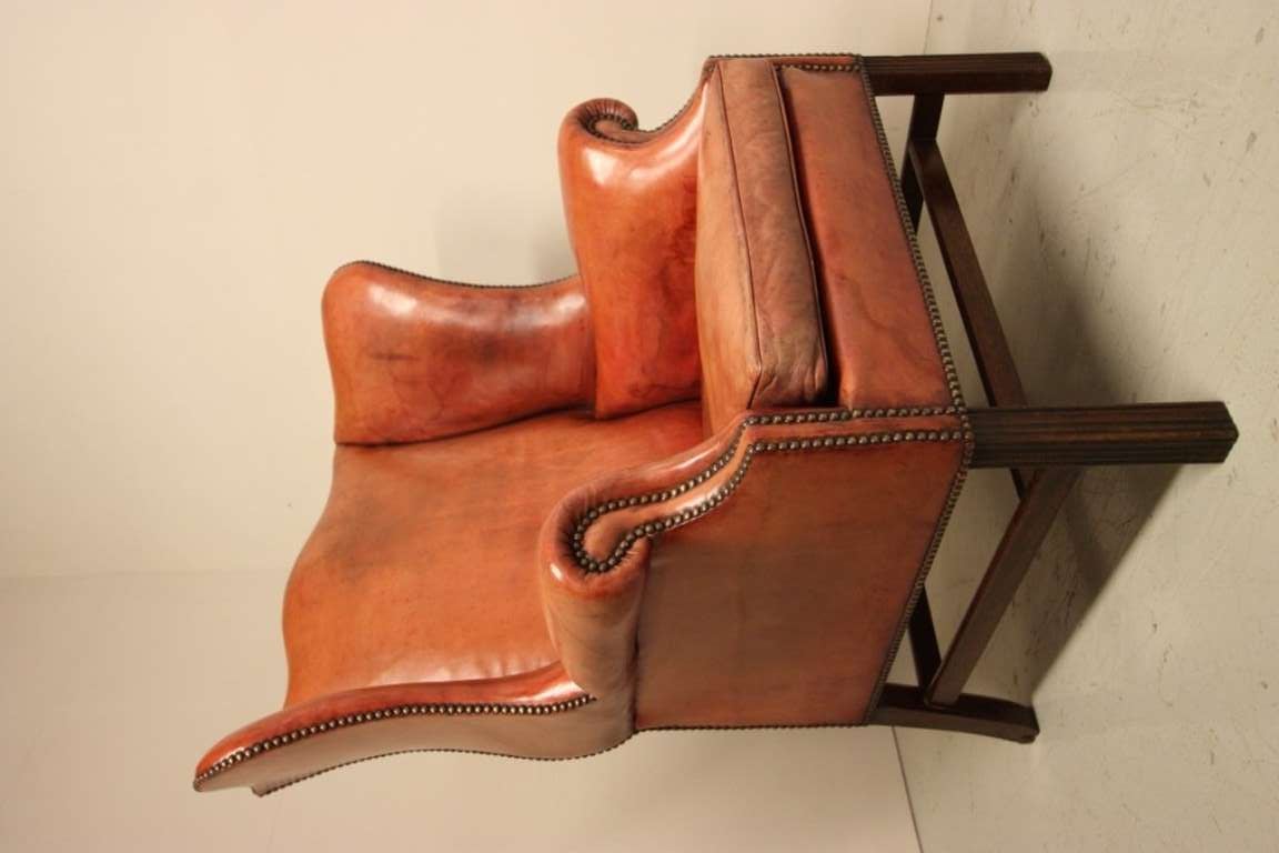 English 1950's Ample Leather Wing Armchair