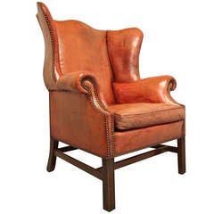 English 1950's Ample Leather Wing Armchair