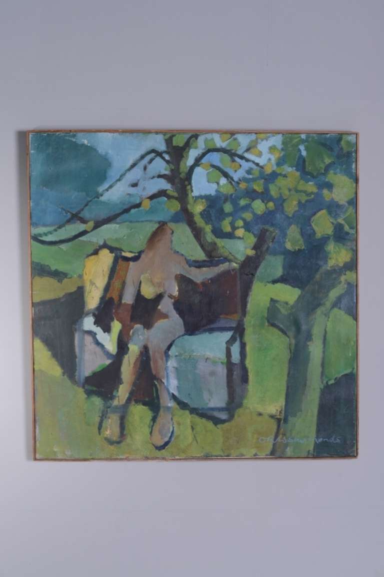 English 1960's Oil Painting by Oliver Simmonds.
This large, square vintage oil painting is titled, 'In the garden' and is signed on the canvas by the artist, Oliver Simmonds.
In great condition, with no damage to the oil or canvas.
Mounted in the