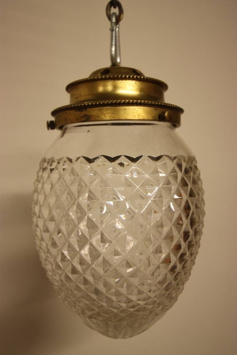 Fabulous English Antique Cut Glass Lanterns (3).
We have 3 of these super quality, Edwardian antique light fittings available.
Each clear glass shade has well cut designs and a gilt bronze top.
All are in excellent, undamaged condition.
Perfect