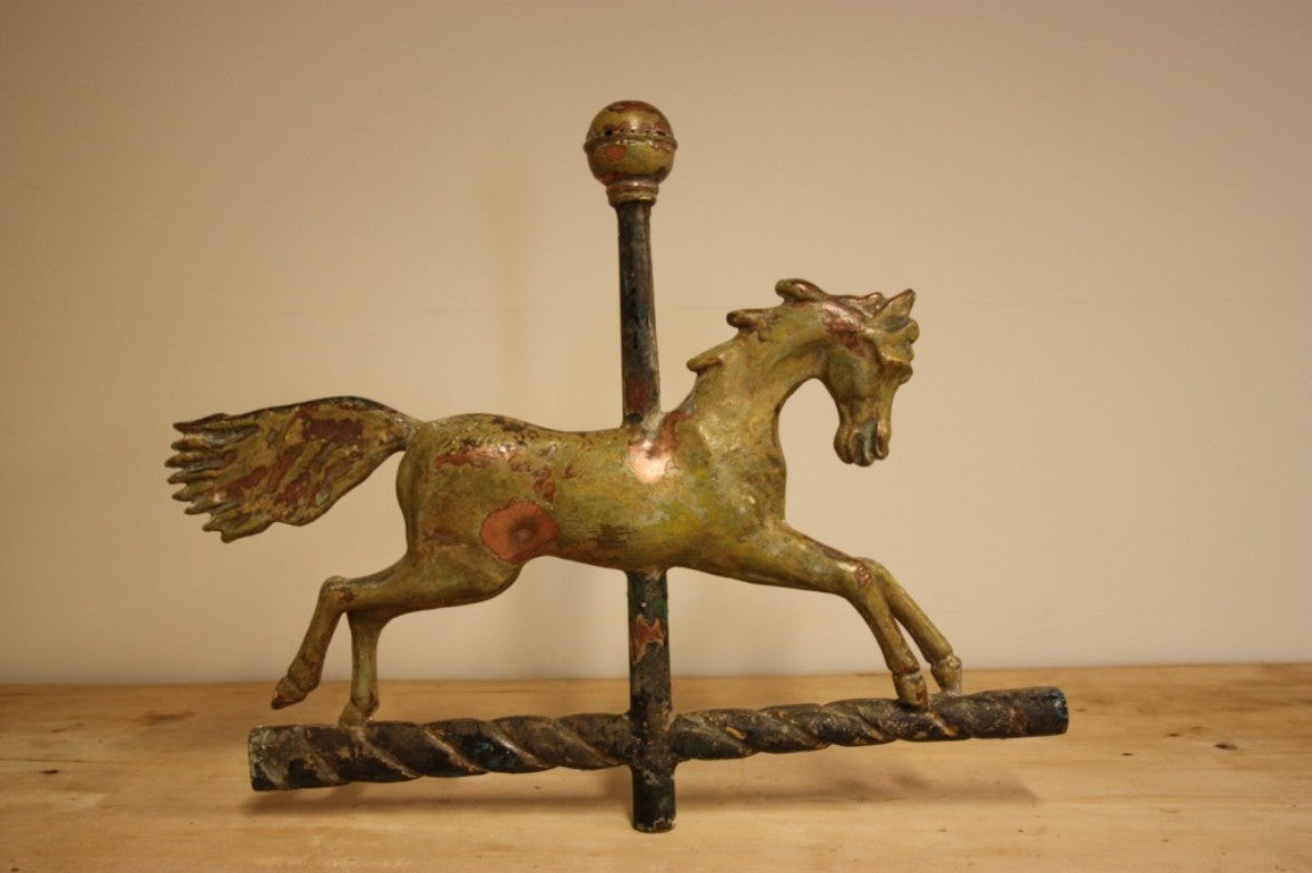 Fantastic 19th C Antique Copper Horse Weathervane.
This mid 19th century antique weathervane is a galloping horse in 3d copper, not flat sided.
Mounted on a barley twist central column which is finished with a ball finial to the top.
This is a