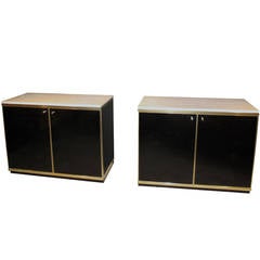 Pair of French Brass Credenzas with Travertine Top