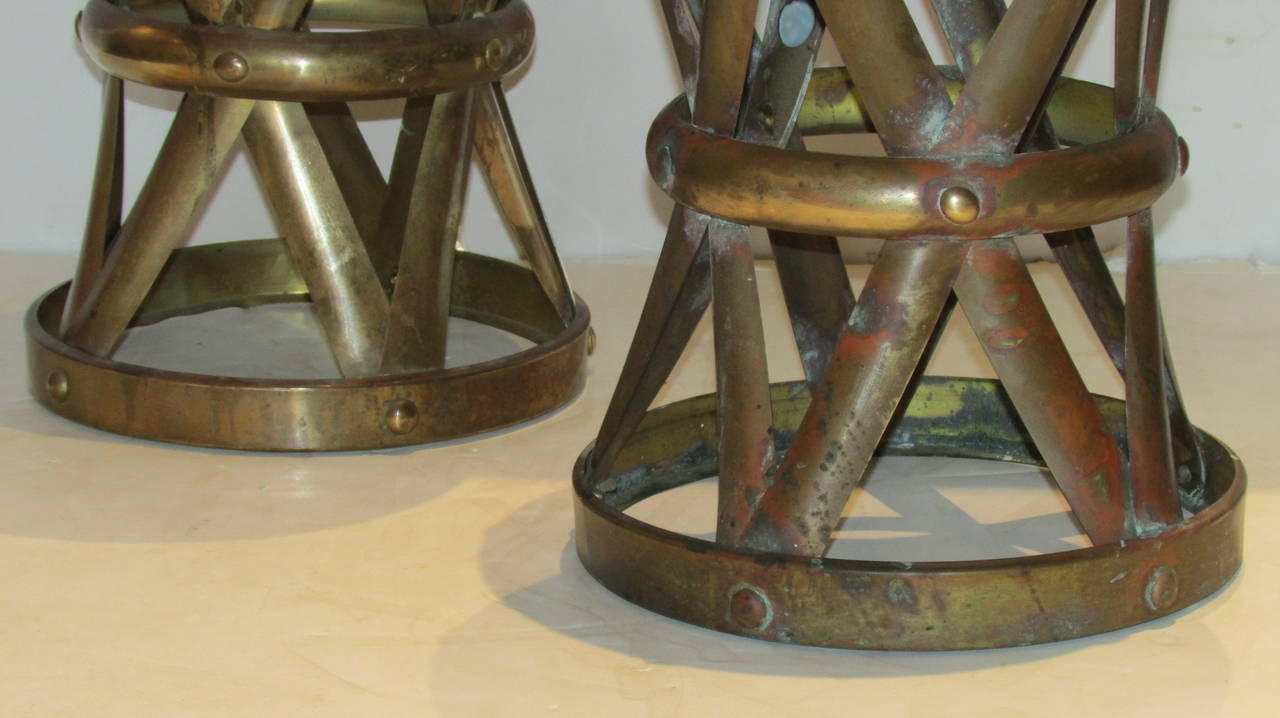 Brass X Form Riveted Drum Stools Side Tables In Good Condition In Rochester, NY