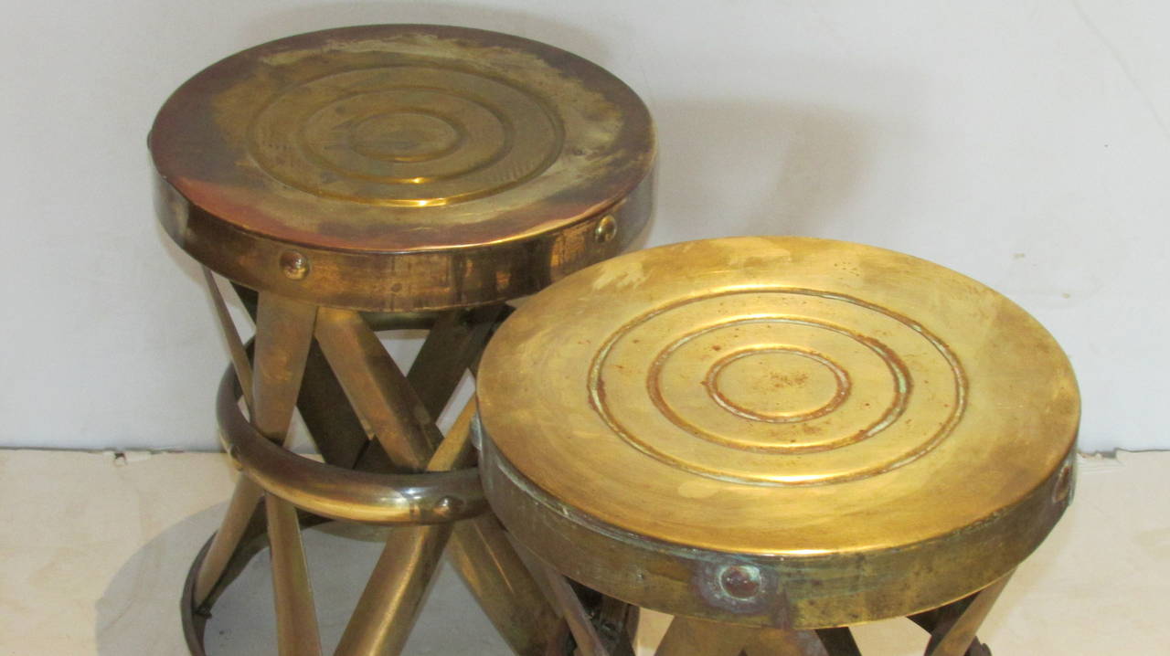 20th Century Brass X Form Riveted Drum Stools Side Tables