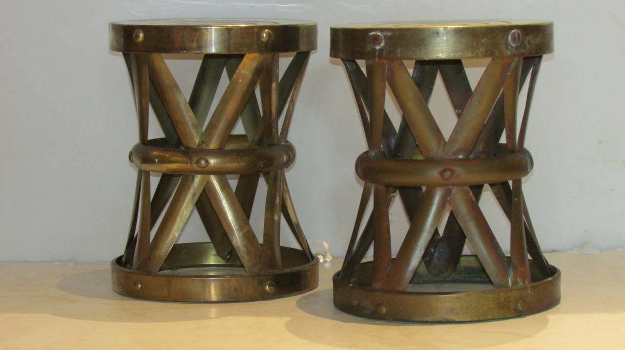 Hollywood Regency Brass X Form Riveted Drum Stools Side Tables