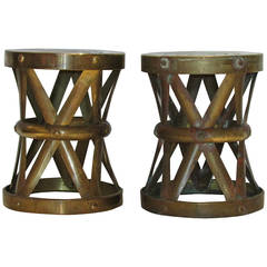 Brass X Form Riveted Drum Stools Side Tables
