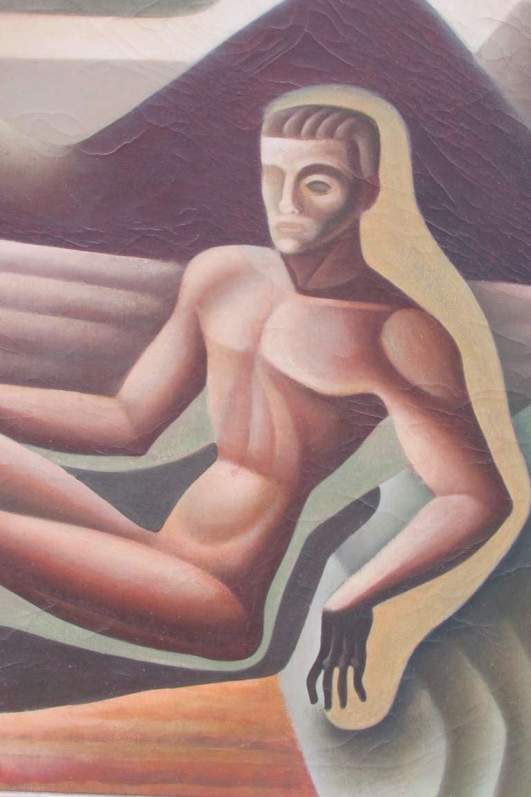 A very dramatic & mysterious mid 20th century surrealist oil painting on canvas of two nude figures on a beach - most predominantly in the foreground a reclining naked male and in the distant background a standing somewhat androgynous nude female