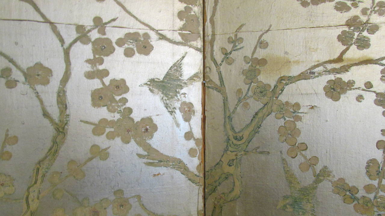 Silver Leaf Chinoiserie Paint Decorated Wallpaper Screen 1
