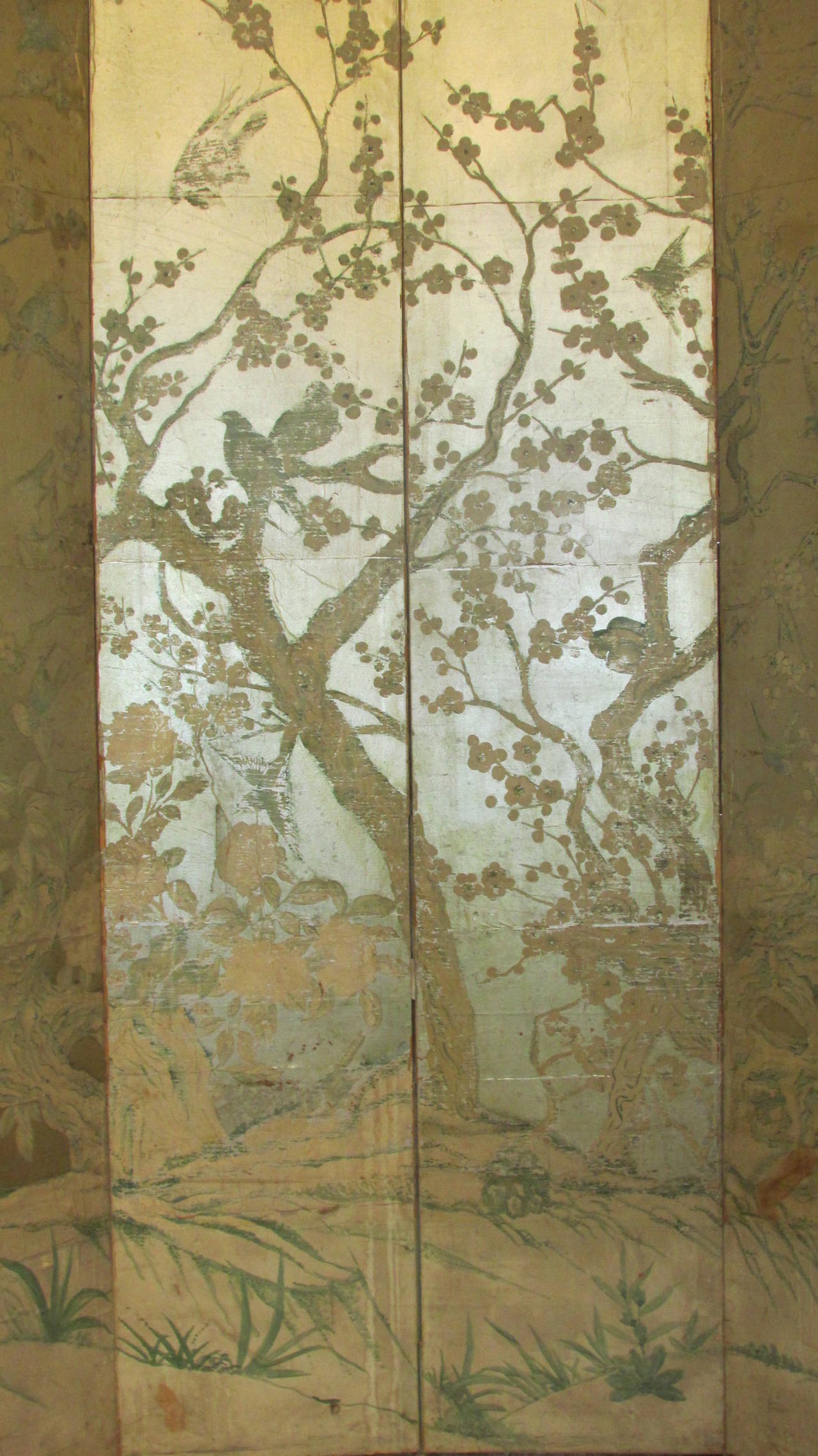 20th Century Silver Leaf Chinoiserie Paint Decorated Wallpaper Screen
