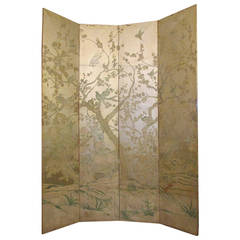 Vintage Silver Leaf Chinoiserie Paint Decorated Wallpaper Screen