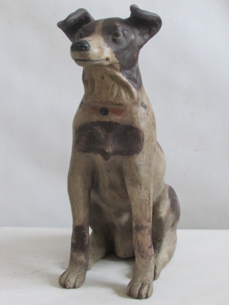 Antique cast terracotta life sized Jack Russell Terrier. Original old painted surface with nicely aged patina. Very expressive character ..... Who dat dog .....
