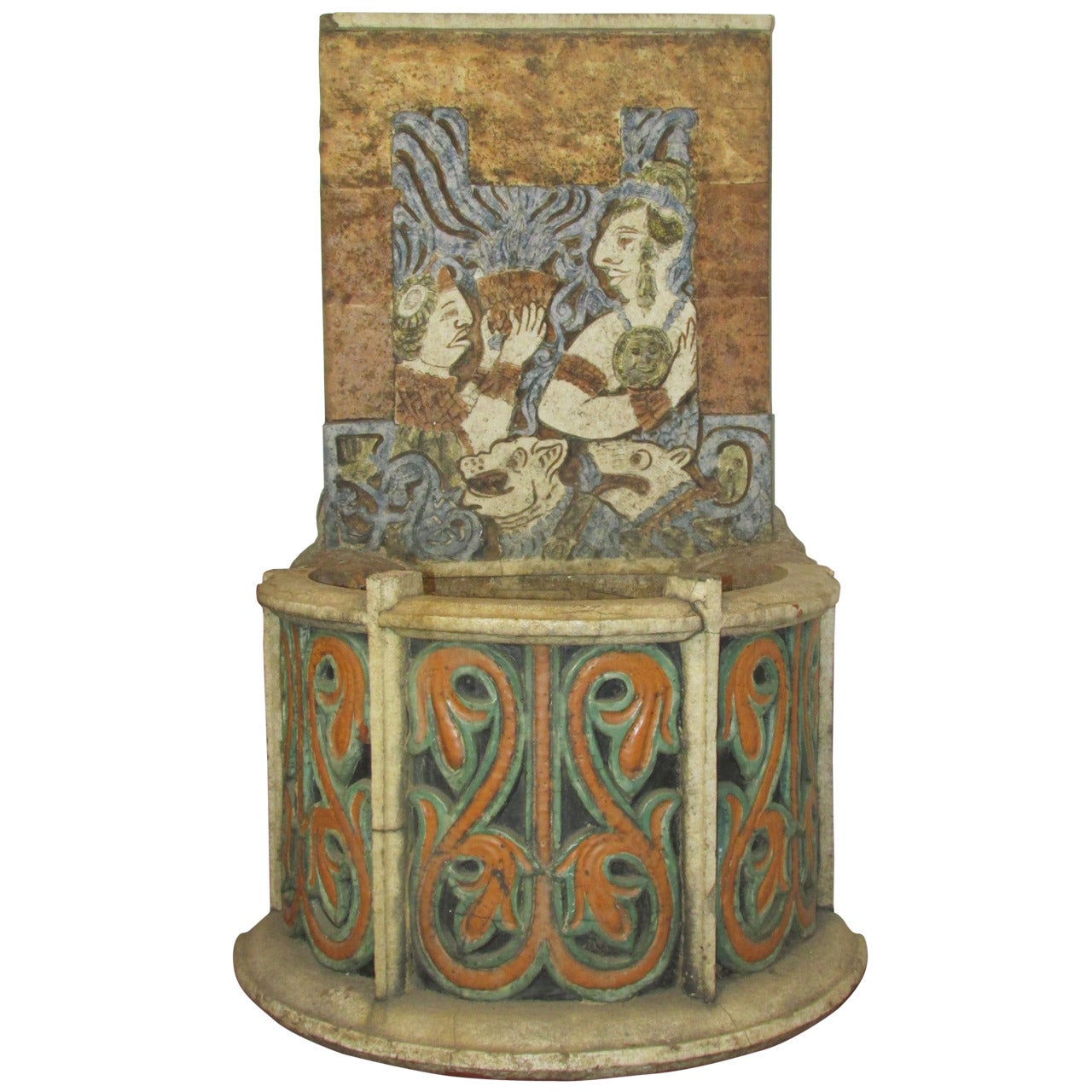 Rare Antique Terracotta Tile Aztec Mayan Design Fountain