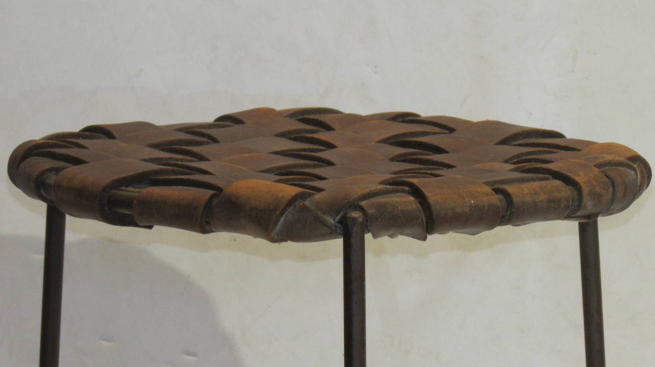 Mid-Century Modern Iron and Woven Strap Leather Stool by Lila Swift and Donald Monell