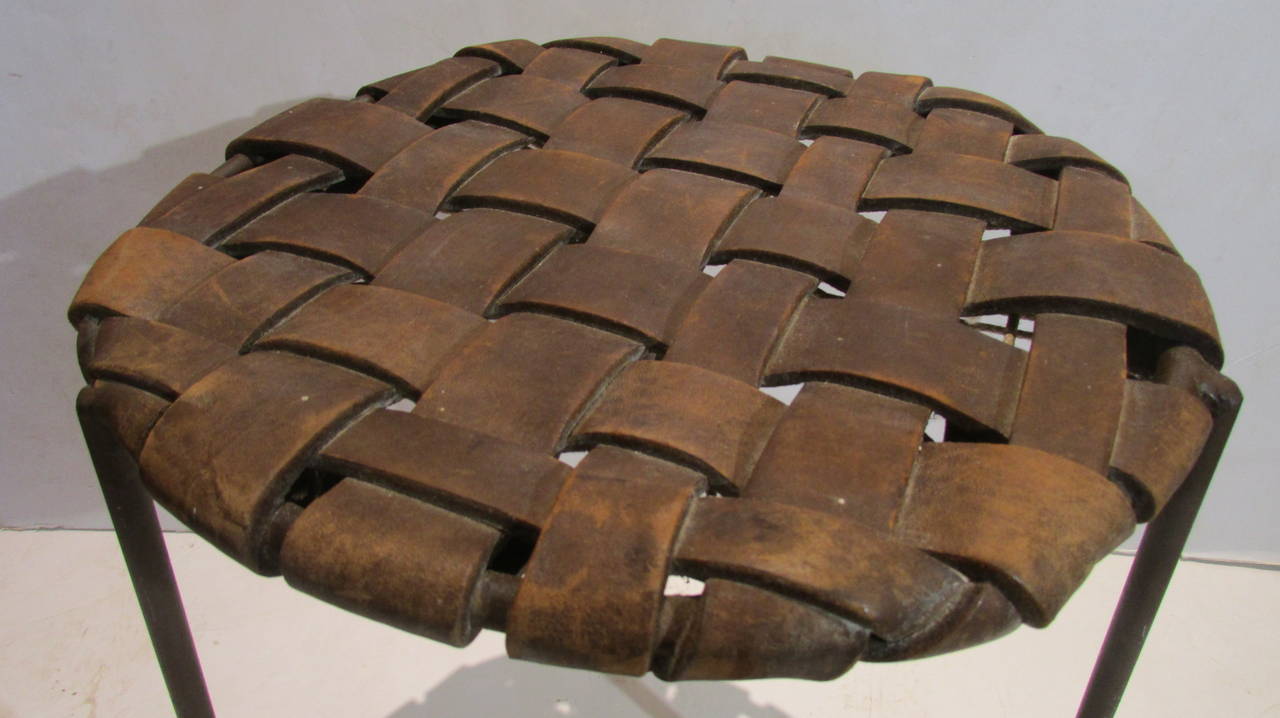 20th Century Iron and Woven Strap Leather Stool by Lila Swift and Donald Monell